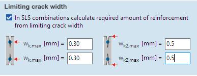 Plaisu platuma ierobežojums virsmas stiegrojuma aprēķinam norādāms kā stiegrojuma grupu asīm (wk,max), tā galējai