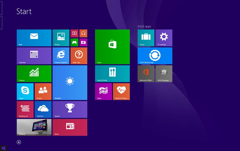 Poga Start (Sākums) Operētājsistēmai Windows 8.1 ir poga Start (Sākums), kuru izmantojot iespējams pārslēgt starp divām pēdējām atvērtajām lietojumprogrammām.
