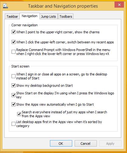 Sākumekrāna pielāgošana Izmantojot Windows 8.1, iespējams arī pielāgot sākumekrānu, ļaujot sāknēt tieši darbvirsmas režīmā, un pielāgot ekrāna lietotņu izkārtojumu.