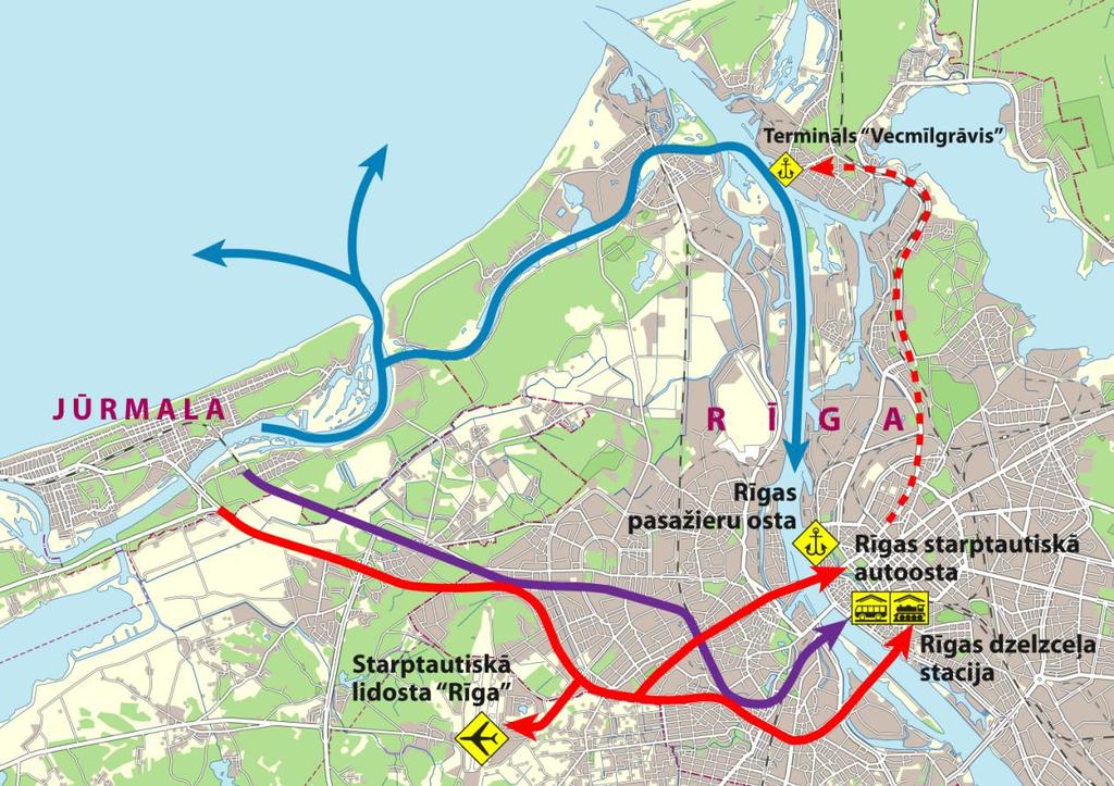 7.5. attēls. Jūrmalas transporta saiknes ar Rīgu. Jūrmalas saiknes ar Rīgu ir labas (skat. 7.5. attēlu) - četru joslu autoceļš un dzelzceļš ar samērā intensīvu pasažieru vilcienu kustību.