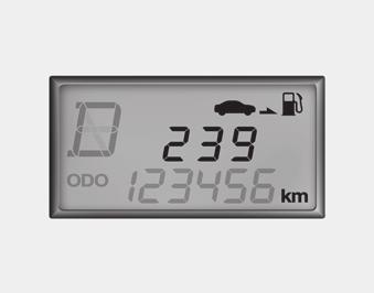 Jūsu automašīnas iezīmes Odometrs otq047052 Attālums, kādu var nobraukt ar tvertnē atlikušo degvielu (km vai jūdzes) Šajā režīmā tiek rādīts attālums, kādu var nobraukt ar tvertnē atlikušo degvielu,