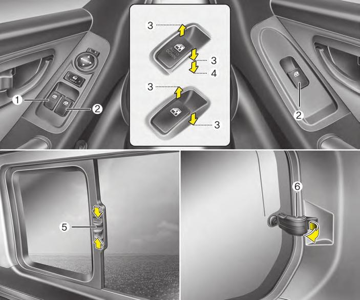 Jūsu automašīnas iezīmes LOGI A tips B tips d080000atq (1) Vadītāja durvju elektriskā logu pacēlāja slēdzis (2) Priekšējā pasažiera durvju elektriskā logu pacēlāja slēdzis (3) Logu atvēršana un
