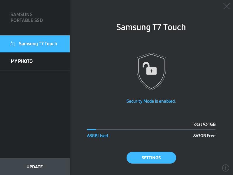 3. Atbloķēšana Ja ir iespējots drošības režīms, ik reizi, kad T7 Touch ierīce tiek pievienota datoram, ir jāpieskaras ar pirkstu vai jāievada parole un jānoklikšķina uz pogas UNLOCK (Atbloķēt), lai