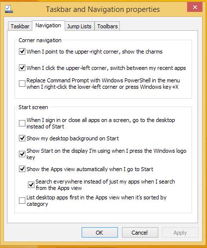 Sākumekrāna pielāgošana Izmantojot Windows 8.1, iespējams arī pielāgot sākumekrānu, ļaujot sāknēt tieši darbvirsmas režīmā, un pielāgot ekrāna lietotņu izkārtojumu.