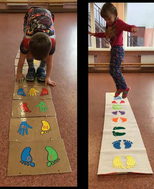 Pastaigu celiņi Bērniem ir uzzīmēta konkrēta kāja (labā vai kreisā) un konkrēta roka (labā vai kreisā), kas jānoliek uz attēla.