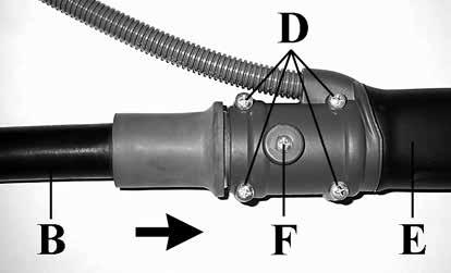 Illessze a (B) tömllőt az (E) cslőbe, ellenlőrizze, hogy a (B) rugalmas tengely vég megfelellően illeszkedik-e az erlőátviteli merev tengelybe (9. ábra). Az (F) csavarral a (D) csavarral rögzítse.