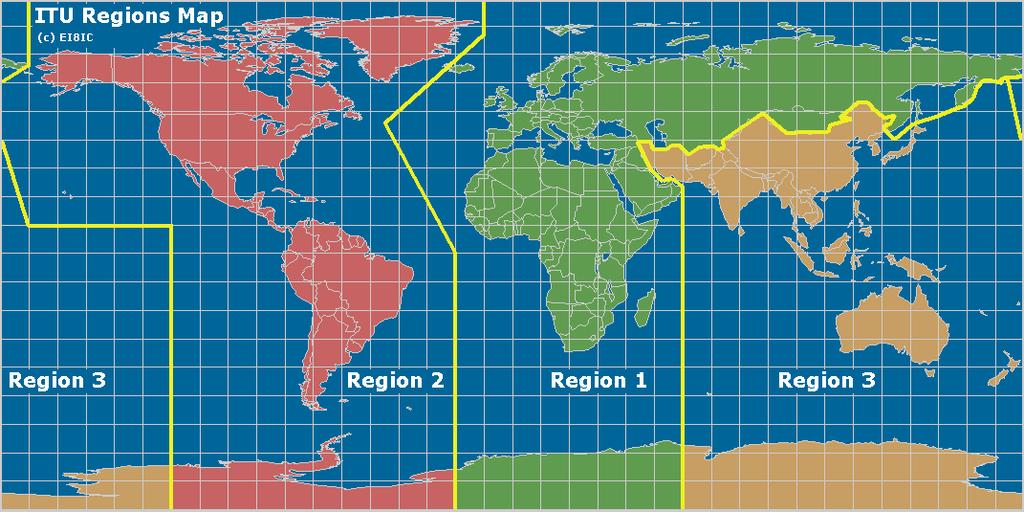 3.2. Kas ir ITU reģions? Vadoties pēc Starptautiskās Telesakaru savienības (ITU) organizatoriski tehniskajiem jēdzieniem, pieņemts visu pasauli dalīt trīs lielos reģionos (rajonos): 1.
