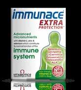 Immunace Extra protection: papildināts ar D3 vitamīnu, selēnu, A vitamīnu, likopēnu, astaksantīnu.