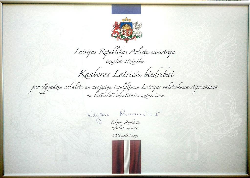 Latvijas Republikas Ārlietu Ministrijas ar Ārlietu ministra Edgara Rinkēviča parakstu. Rakstu saņēmām caur Latvijas vēstniecību Tokijā ar aizkavēšanos šinī epidēmijas laikā.