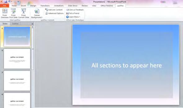 Vairāku prezentāciju vienlaicīga demonstrēšana: 1. solis atveriet jaunu PowerPoint prezentāciju un atveriet arī pptplex rīku joslu.