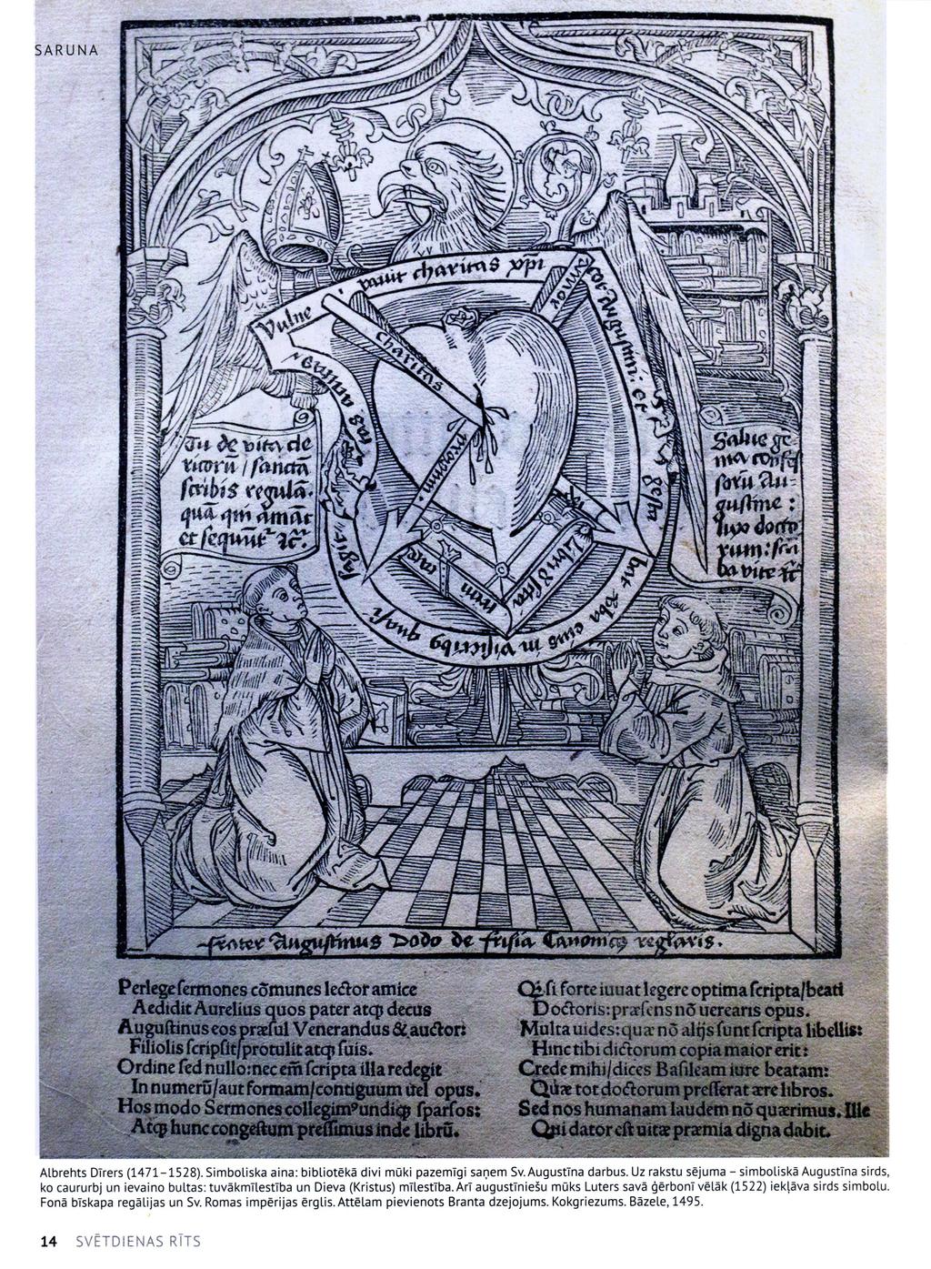 Albrehts Dīrers (1471-1528). Simboliska aina: bibliotēkā divi mūki pazemīgi saņem Sv. Augustīna darbus.