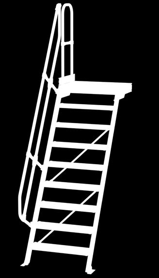 Treppe mit Plattform 60 Ortsfeste Treppe mit Plattform aus Aluminium mit Neigung 60 Stufen- und Plattformbreiten: 600, 800 und Plattformlänge: 460 mm Letzte Stufe (Tiefe: 225 mm) auf gleicher Höhe