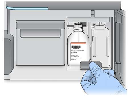 3. Paceliet iesūcējcaurulītes rokturi, līdz tas fiksējas vietā. 4. Izņemiet mazgāšanas pudeli un ievietojiet MiSeqDx SBS šķīduma (PR2) pudeli. 13.