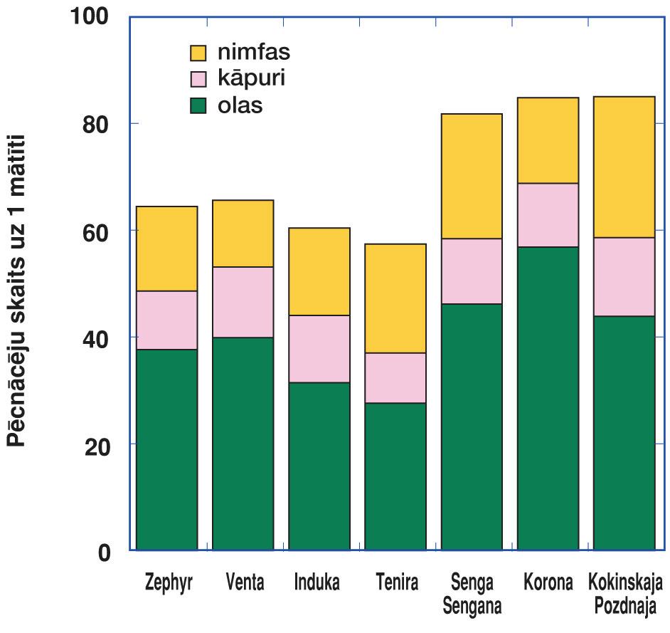 Dzīvo mātīšu daudzums (%) uz dažādu zemeņu šķirņu lapām (A) un pēcnācēju skaits uz 1 mātīti pēc 20 dienām (B), un Kokinskaja Pozdņaja visas uzlaistās mātītes bija