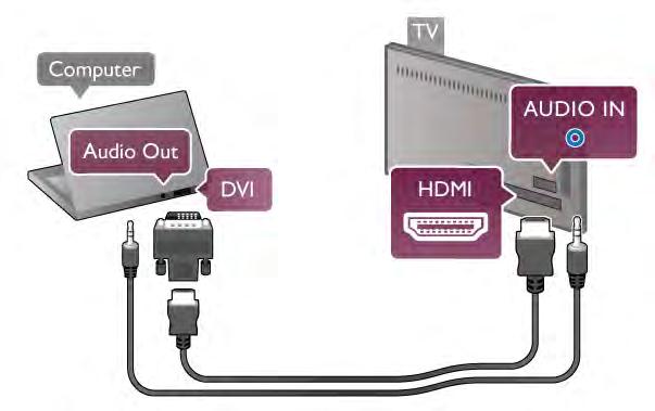 Var izmantot arī DVI-HDMI adapteri, lai pievienotu datoru HDMI ligzdai, un pieslēgt kreisās/labās puses audio vadu televizora aizmugurē esošajai AUDIO IN L/R ligzdai.