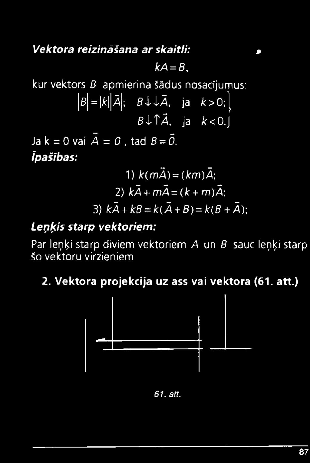 J 1) k(mā) = (km)ā\ 2) kā + mā = (k + m)ā\ 3) kā + kb = k{ā + B)= k(b + Ā)\ Leņķis starp vektoriem: