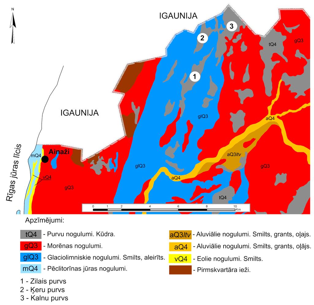 1 - Zilais purvs 2 - Ķeru purvs 3 - Kalna purvs 2.2.attēls. Kalna, Zilā un Ķeru purva apkārtnes kvartāra nogulumu ģeoloģiskā karte (digitizējis M.Dauškans pēc Juškevičs, 2000; Juškevics et al.