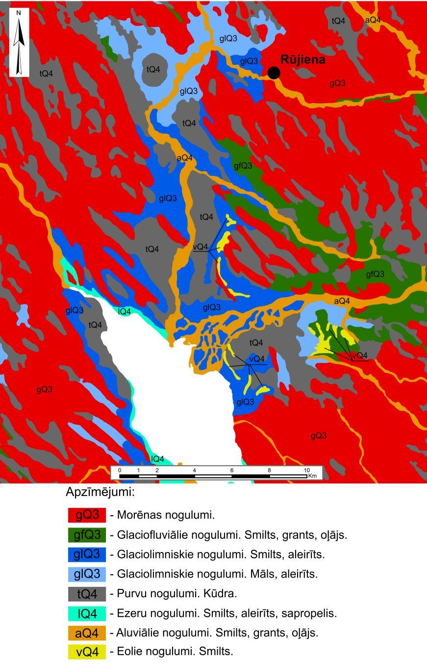 2.7.attēls. Burtnieka un tā apkārtnes kvartāra nogulumu ģeoloģiskā karte (Digitizējis M.Dauškans pēc Juškevičs, 1981; 2000) Figure 2.7. Geological map of Quaternary sediments in vicinity of Burtnieks Lake (Digitized by M.