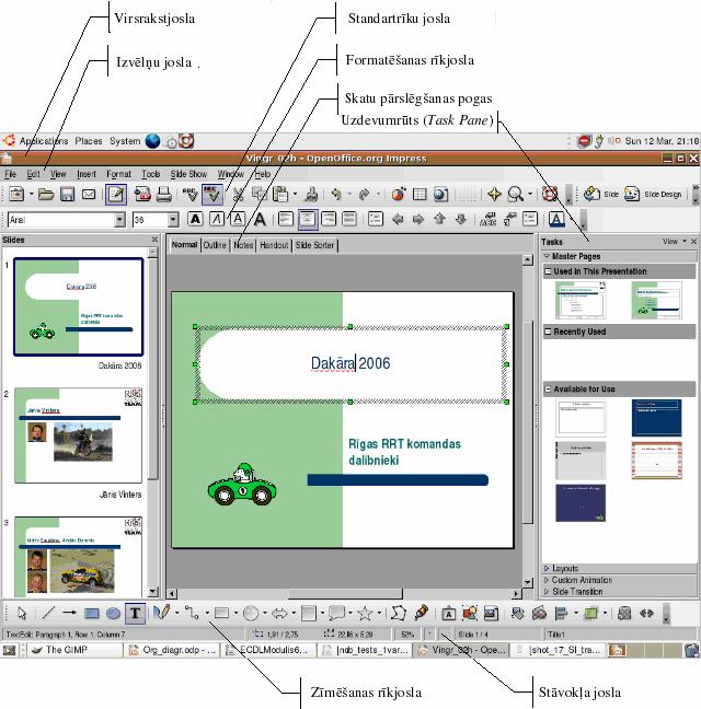 6. modulis. DARBA SĀKUMS OpenOffice.org 2 Impress (turpmāk materiālā vienkārši Impress) darba vide (logs) parasti izskatās šādi: Katru reizi, atverot Impress, tiek atvērta jauna prezentācija.