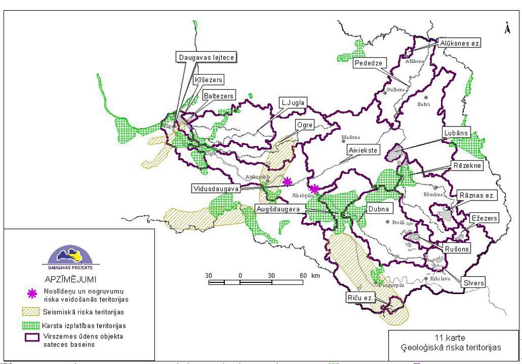 3.2.2.att. Seismiskā riska un karsta izplatības teritorijas (Daugavas baseina..., 2003). Upju erozijas procesi ir vieni no dinamiskākajiem Latvijā un pagastā.