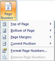 Top of Page lapas augšpusē; Bottom of Page lapas apakšpusē; Page Margins lapas sānu malu uzstādījumi; Current Position šī brīža kursora atrašanās vieta.