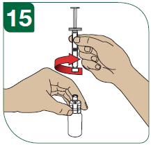 15 - Noskrūvējiet pilnšļirci, atstājot flakona adapteru uz flakona. Izmetiet flakonu un palikušo neizmantoto šķīduma daļu atkritumu tvertnē.