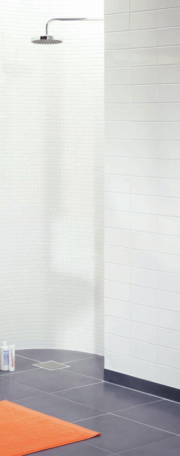 Augstie skapīši Nautic A675 un A676 matētā pelēkā krāsā ar alumīnija dekora profilu. Flīzes no Villeroy & Boch. Siena: balta 10x20, 3215-1050-00-10. Dušā: balta mozaīka, 3753-PN00-50-10.