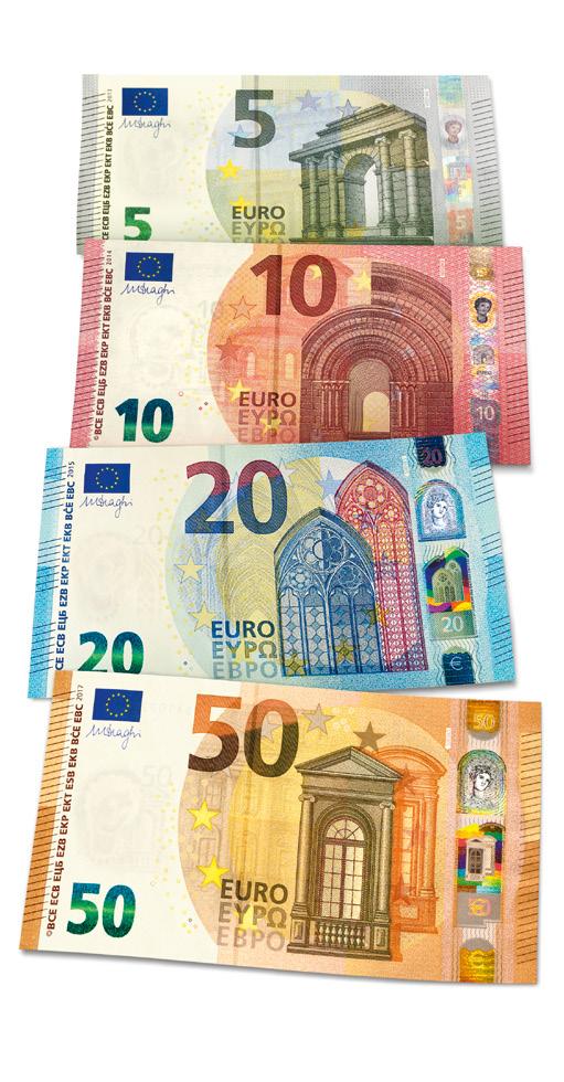 BŪTISKĀKIE FAKTI PAR EIROPAS SĒRIJU Eiropas sērijas banknotēs iestrādāti jauni un uzlaboti pretviltošanas elementi, kas nodrošina labāku aizsardzību pret viltojumiem.