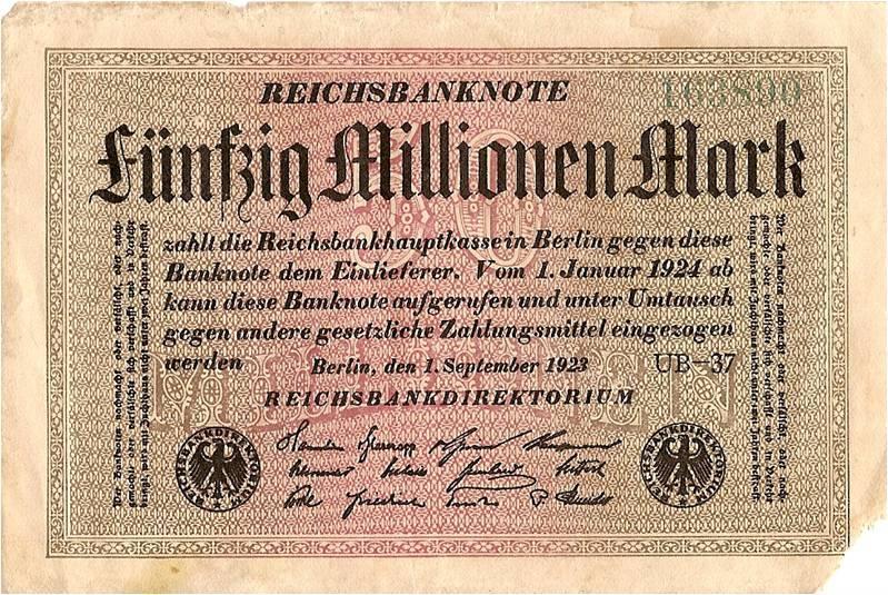 50 miljonu marka 1923. gada maijā maizes klaips maksāja 1 200 Vācijas marku; 1923. gada septembrī maizes klaips maksāja 2 milj. Vācijas marku; 1923. gada oktobrī maizes klaips maksāja 670 milj.