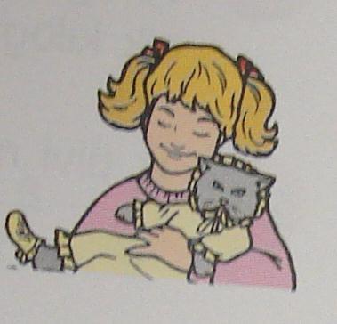 47. Attēlā redzama meitene, kas tur rokās kaķi, kas ieģērbts zīdaiņu drēbēs šādi izpaužas vardarbība pret dzīvniekiem, kas sevi aizsargā kožot un skrāpējot.
