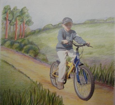 56. Attēlā redzams puisis, kas brauc ar velosipēdu, bet viņam nav uzlikta aizsargķivere, kā arī viņš nelieto citus aizsarglīdzekļus