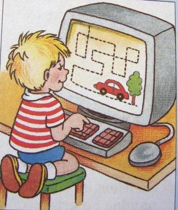 18. Attēlā redzams, kā zēns strādā pie datora - viņš sēž uz ķebļa nevis uz piemērota datorkrēsla. Turklāt zēns nevis sēž, bet tup uz ceļiem, kas vēl vairāk veicina stājas problēmu attīstību.