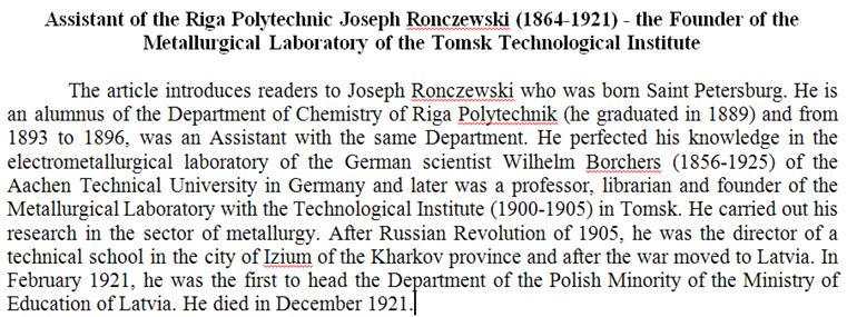 Assistant of the Riga Polytechnic Joseph Ronczewski (1864-1921) the