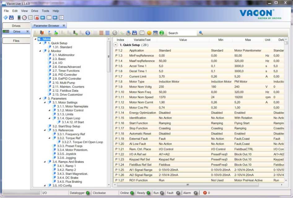 VACON 120 LIETOTĀJA INTERFEISI datu pārraudzība. 3.5 VACON LIVE Vacon Live ir datora rīks Vacon 10, Vacon 20 un Vacon 100 frekvences pārveidotājiem). Vacon Live var lejupielādēt vietnē http://drives.