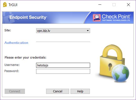 4. Kad parādās Check Point Endpoint Connect logs, tad aizpildām Username un Password laukus ar domēna lietotāja vārdu (lietotāja vārda burti ir