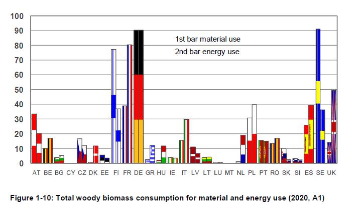 Koksnes biomasas patēriņa sadalījuma prognoze produktiem un enerģijai 2020.