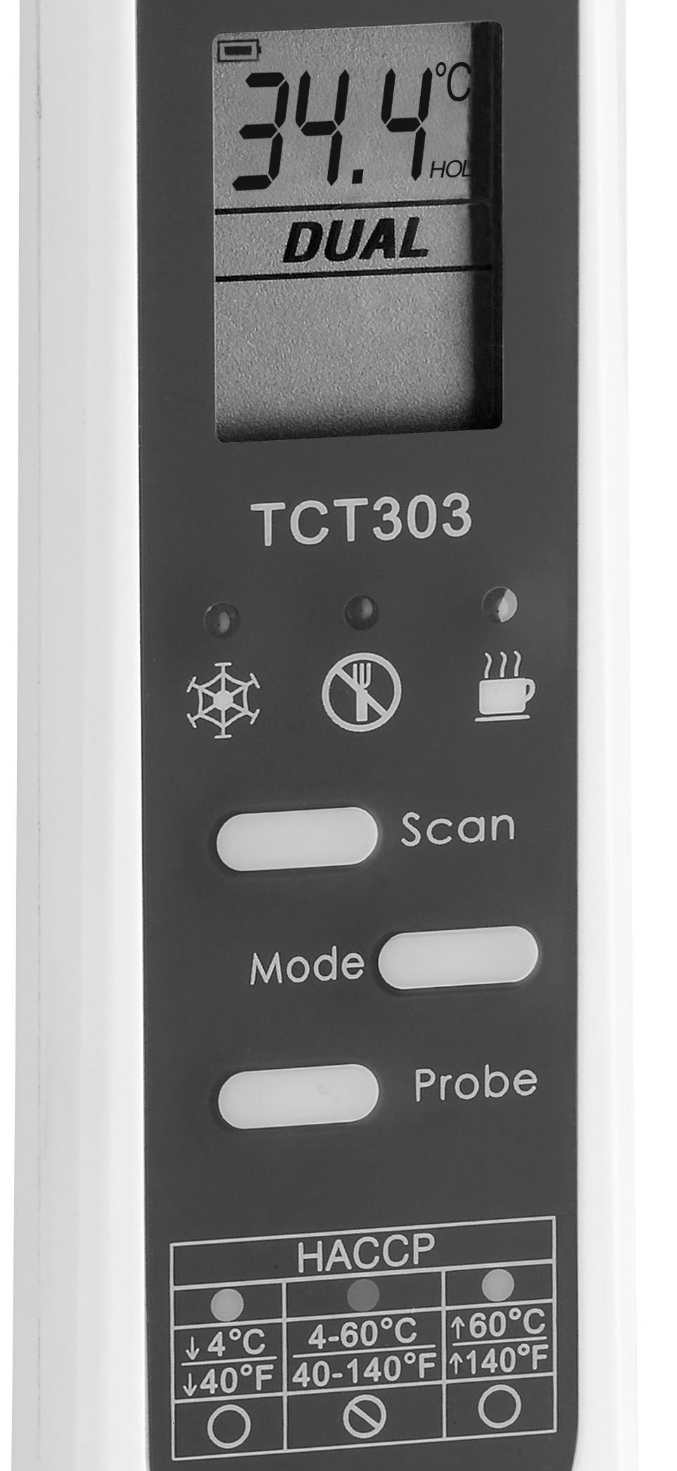 Dual TEMP PRO 1 Darbības instrukcija Rezultāta nolasījums 5 Ievietotas zondes nolasījums HACCP pārbaudes gaismas diods (LED) SCAN poga (infrasarkanā) Režīma poga Zondes poga (zondes ievietošanas)