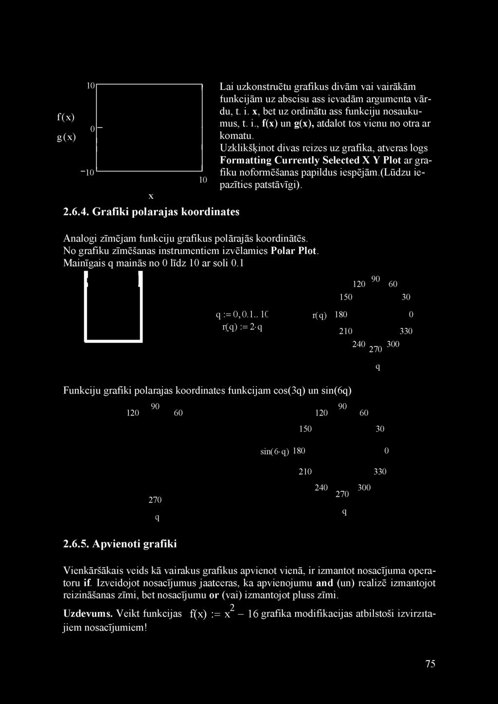 f(x) g(x) 10-10 0 - x 2.6.4. Grafiki polarajas koordinātes Analogi zīmējam funkciju grafikus polarajas koordinatēs. No grafiku zīmēšanas instrumentiem izvēlamies Polar Plot.