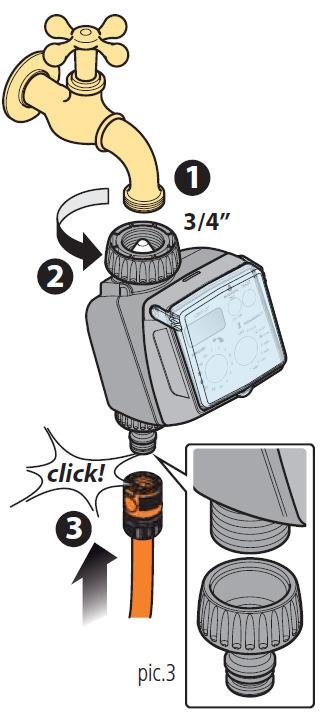 Laistīšanas līnijas pievienot ar Quick-Click tipa savienojumiem vai savienojumiem ar vītni, kas ir atbilstoši. Zīm.3 Neuzstādīt taimeri vārstu kastēs zem zemes līmeņa, kā arī iekštelpās.