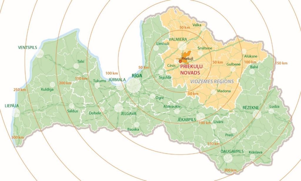 1 Plānošanas ietvars 1.1 Vispārīgs Priekuļu novada teritorijas raksturojums Priekuļu novads atrodas Vidzemes plānošanas reģionā, aizņem 302 km 2, un 2016.gada sākumā tajā dzīvo 8,3 tūkst.