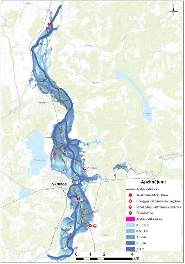 Ventas upes applūstošajā teritorijā Skrundas pilsētas posmā (5.4.2. attēls) tiek apdraudēti apmēram 600 cilvēki 1% varbūtības plūdu gadījumā.