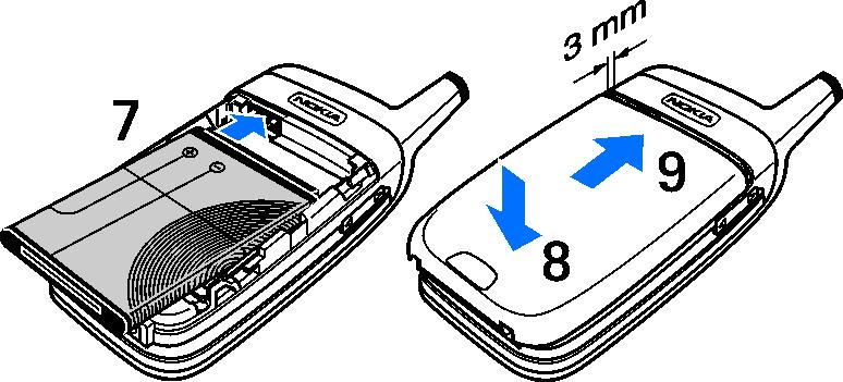Aizveriet SIM kartes turºtàju (6) un spiediet to, lïdz tas nofiksºjas vietà. Ielieciet atpaka akumulatoru (7).