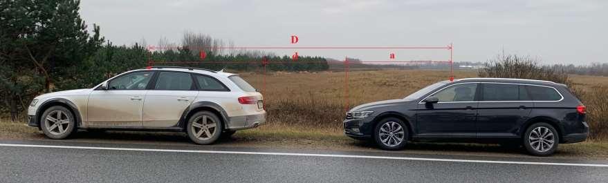 Distances aprēķins no eksperimenta braucienos iegūtajiem datiem starp automobiļiem d = D - a - b kur: d distance starp automobiļiem, m; D aprēķinātā distance starp abu automobiļu GPS koordinātēm, m;