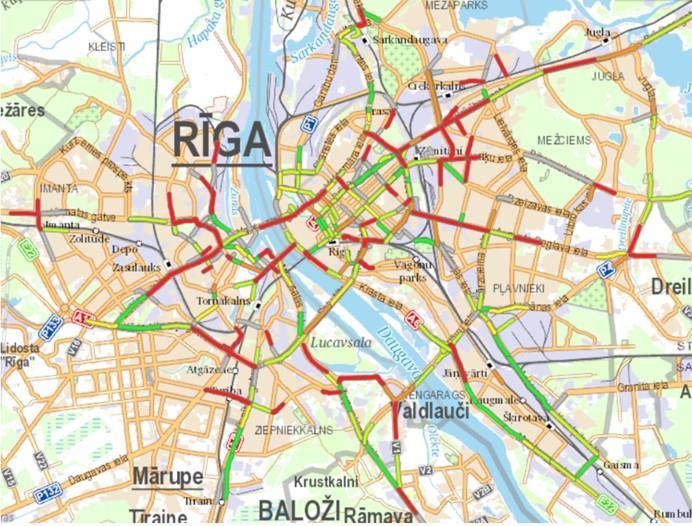 Zemāk esošā ilustrācija Nr. 17 atspoguļo šo sastrēgumu situāciju Rīgas pilsētā tipiskā darba dienā (2018. gada decembris) rīta un vakara pīķa stundās.