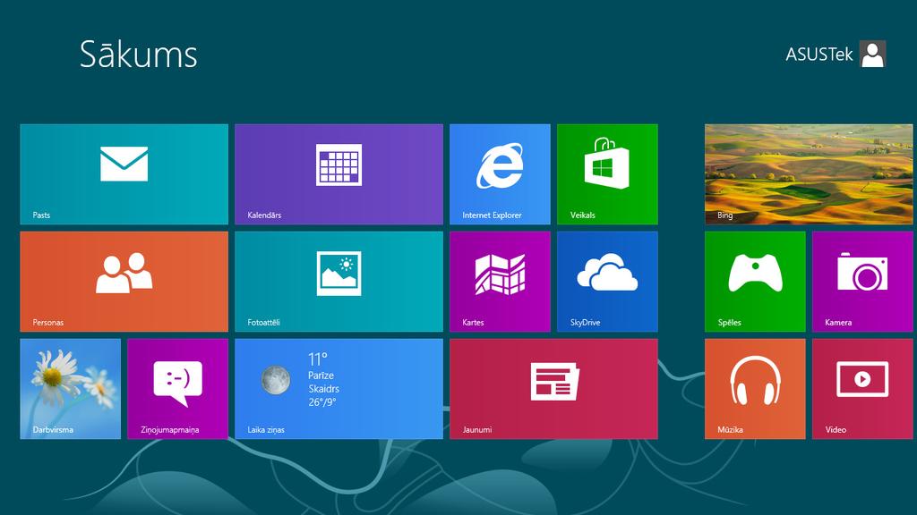 Windows lietotāja interfeiss Operētājsistēmai Windows RT ir elementu displeja lietotāja interfeiss (UI), ar kura palīdzību varat organizēt Windows lietotnes sākumekrānā, kā arī piekļūt tām.