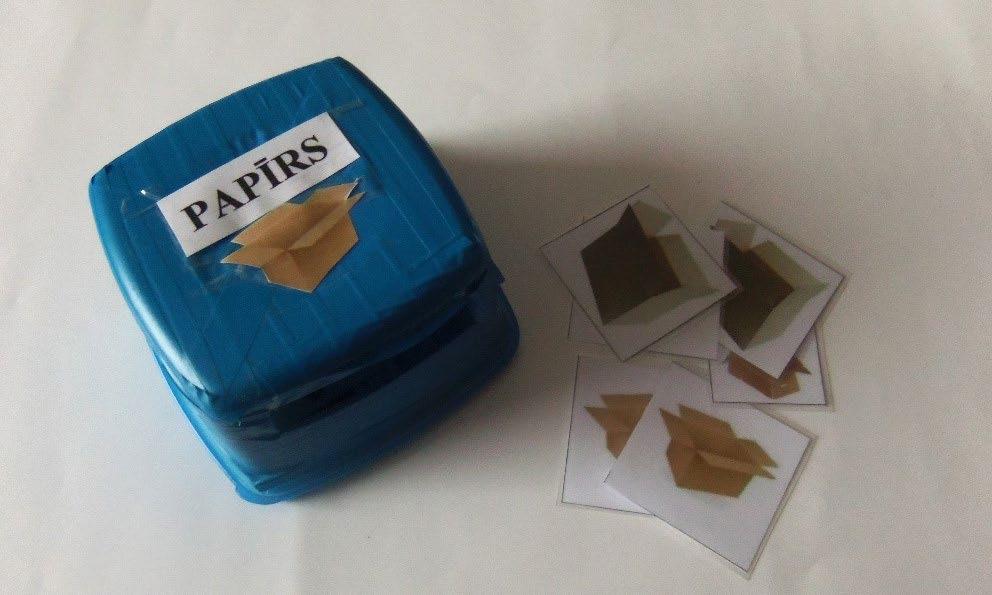 Ja figūra apstājas uz zilā lauciņa, spēlētājs atrod kartīti ar kartona kastes attēlu un ievieto kartīti spēles zilajā atkritumu konteinerā.