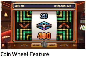 Coin Wheel papildfunkcija Papildiespēja var tikt aktivizēta pēc nejaušības principa jebkura pamata spēles grieziena laikā.