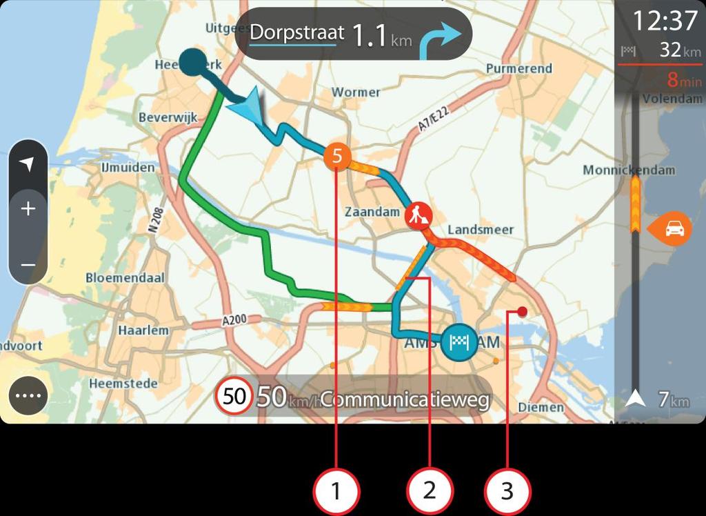 Padoms. Izvēlies satiksmes sarežģījumu kartē, lai redzētu sīkāku informāciju. 1. Satiksmes sarežģījums, kas ietekmē maršrutu tavā kustības virzienā.
