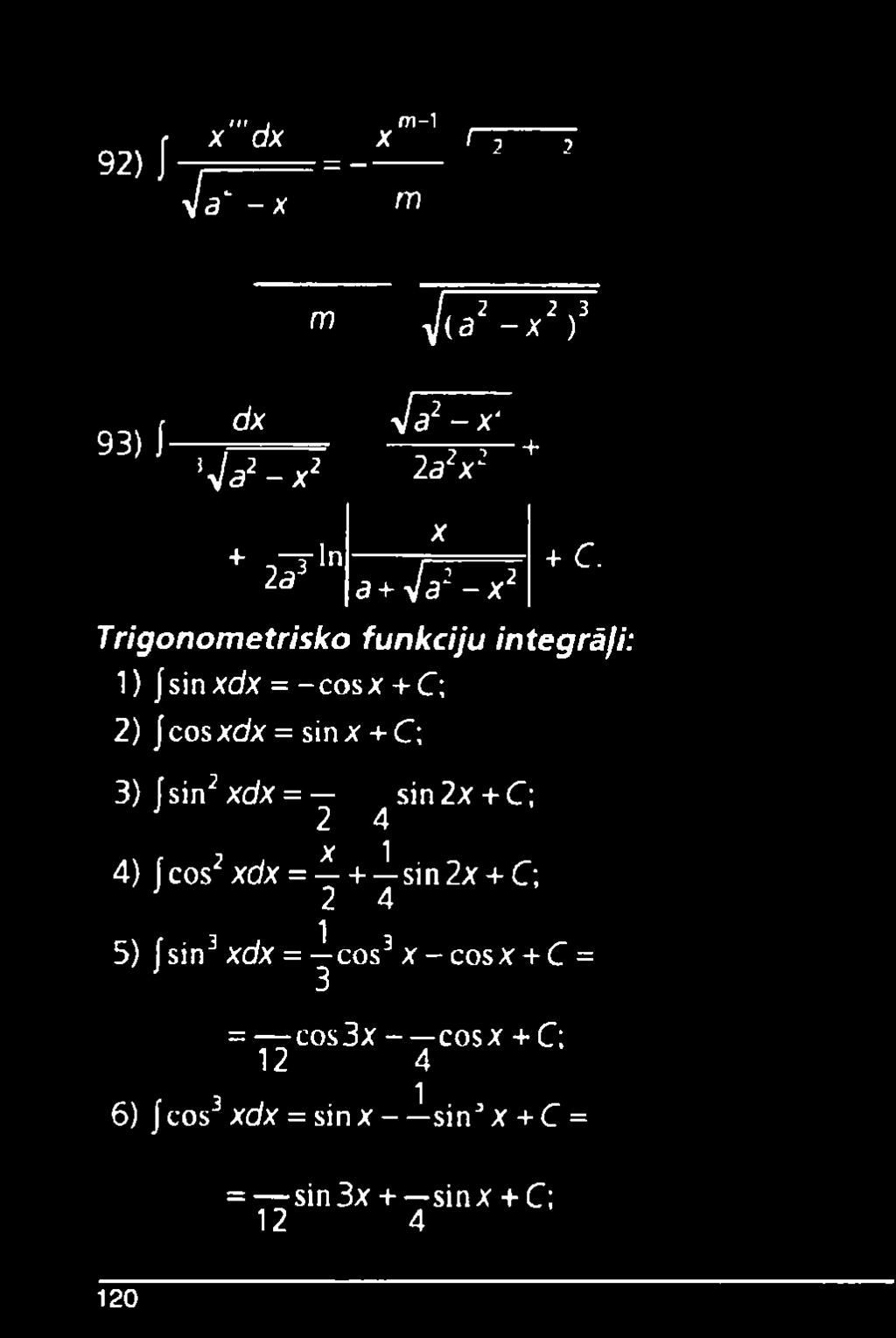 Trigonometrisko funkciju integrāļi: 1) Jsinxdx =-cosx+ C; 2) Jcosxdx = sinx + C; 3) fsin2xdx = sin2x