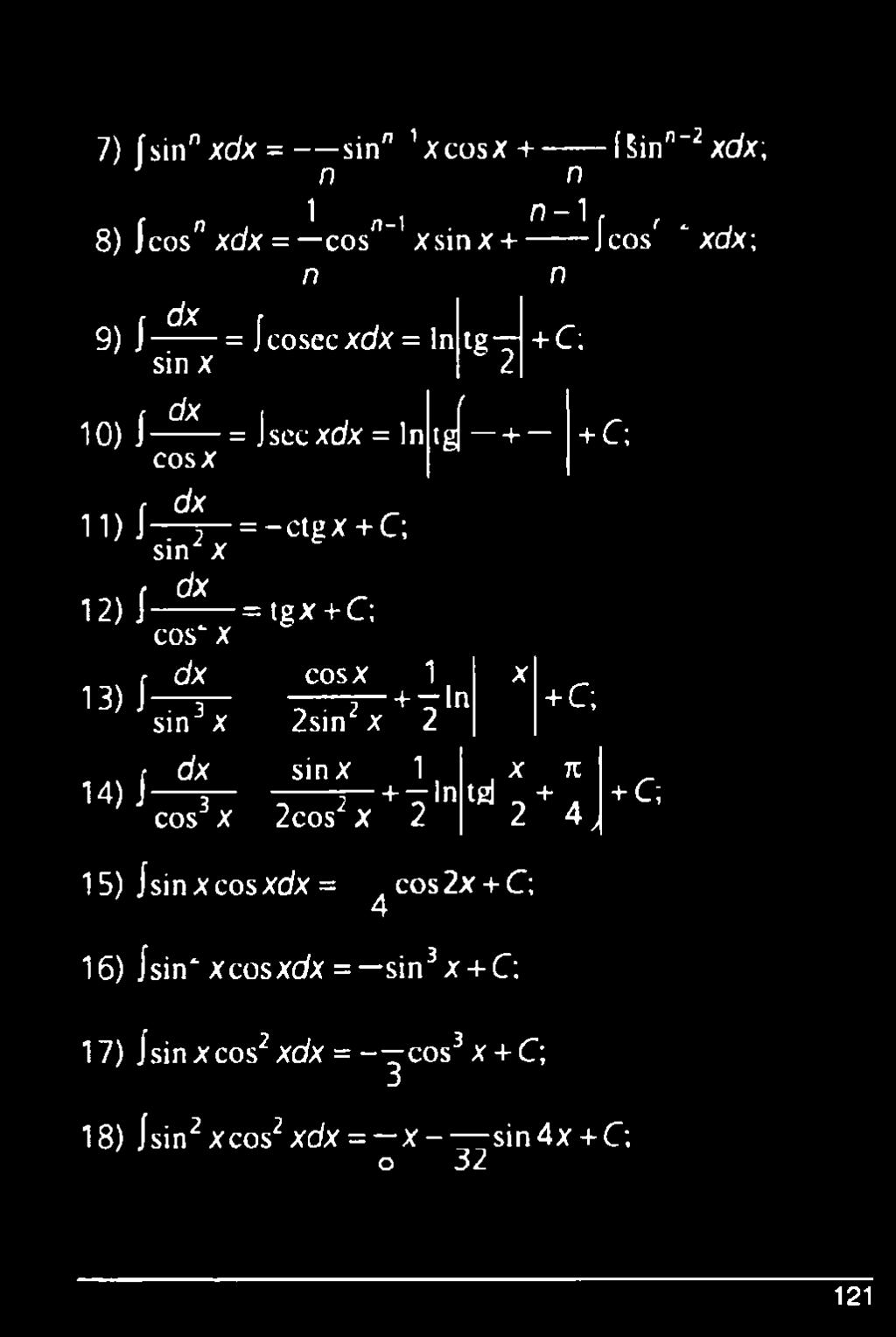 dx = jsecxdx = In ig[ + + C; cosx dx T 2~ = -ctgx + C; sin x dx = tgx + C; cos" X dx cosx 1 + ~ln sin3x 2sin2x 2 x + C;